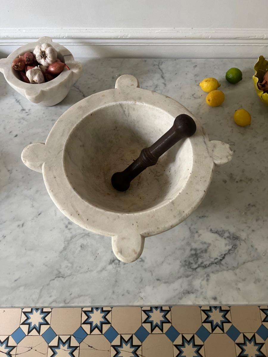 19th c. marble mortar and cast iron pestle 