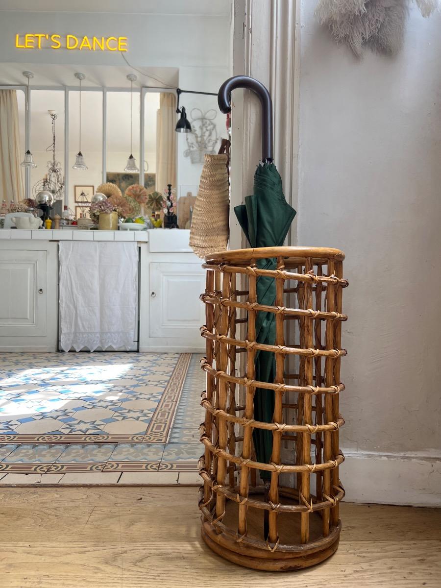 Porte-parapluie bambou rotin 1960