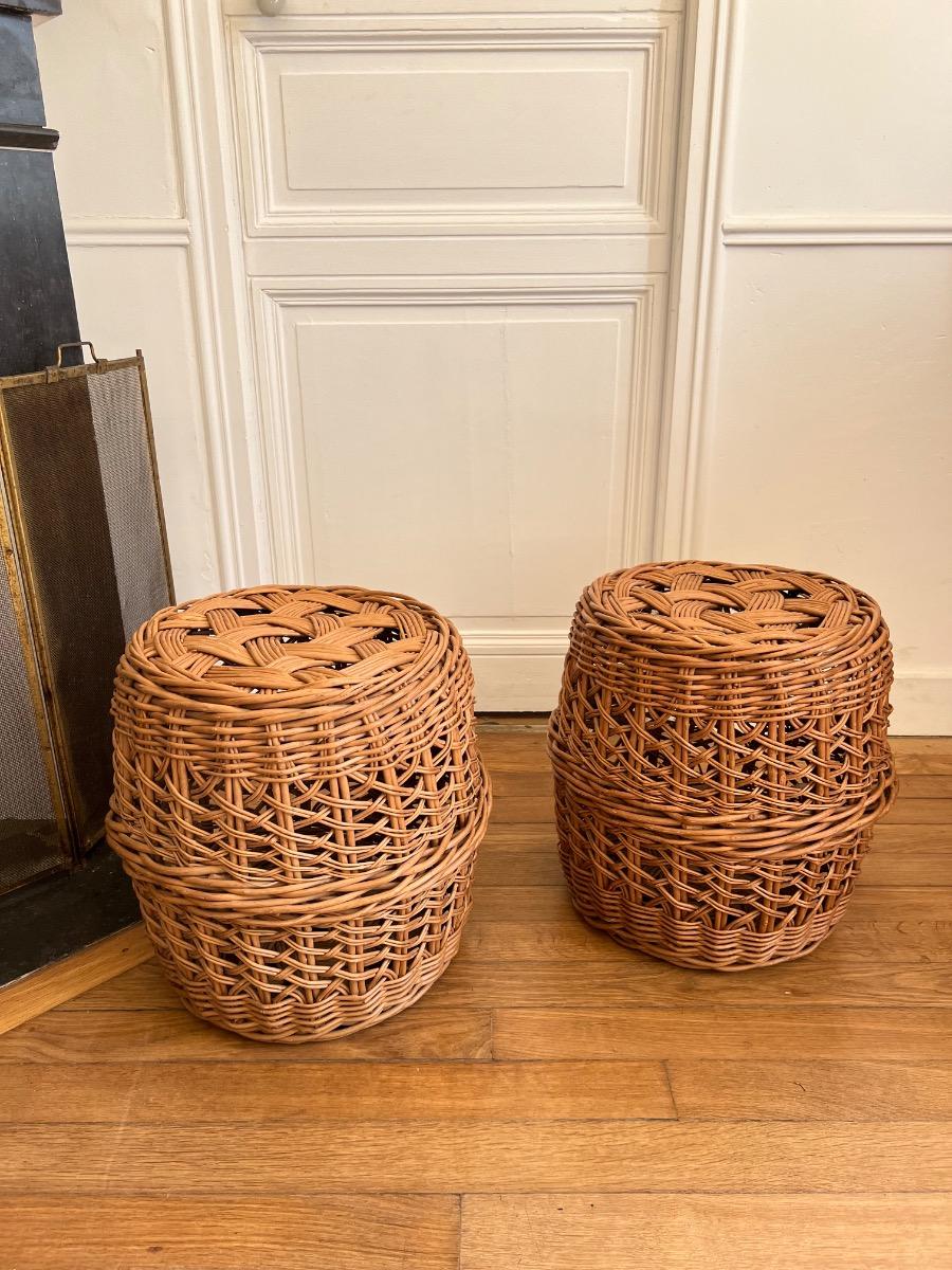 Paire de tabourets osier 1950