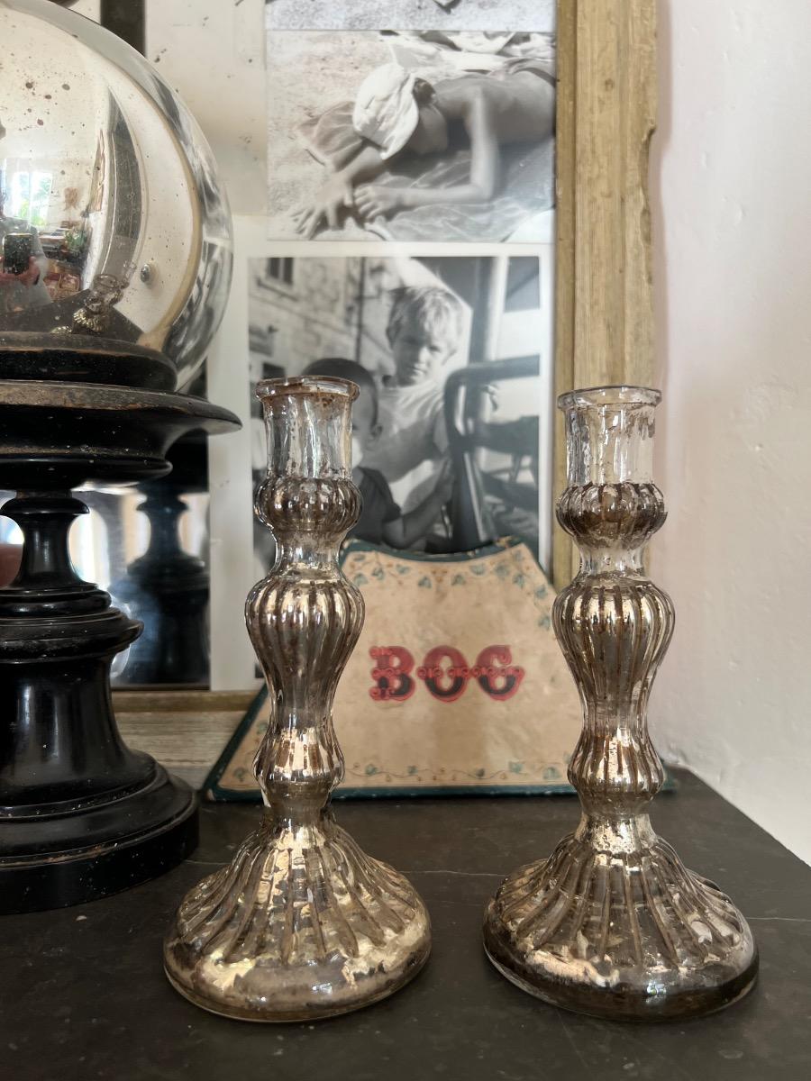 Paire de bougeoirs XIXème verre mercurisé