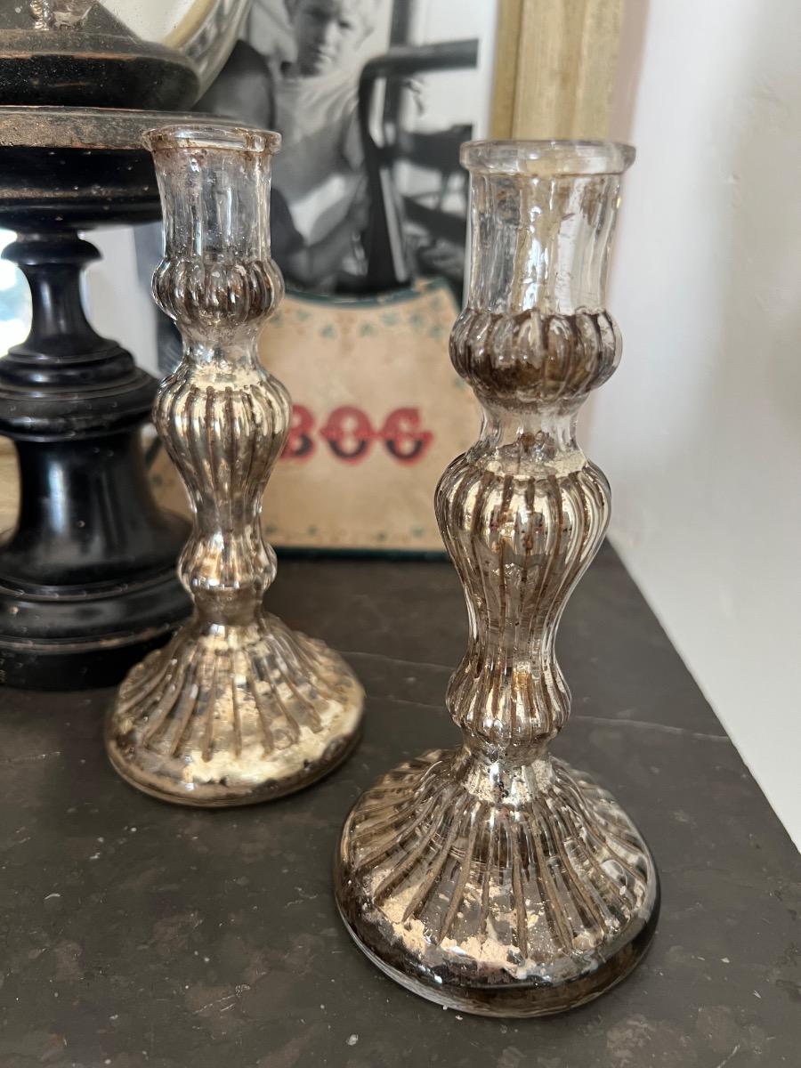 Paire de bougeoirs XIXème verre mercurisé