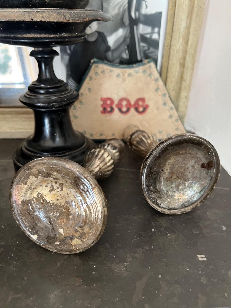 Paire de bougeoirs XIXème verre mercurisé