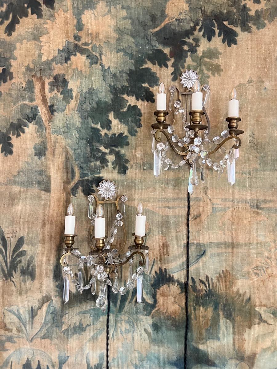 Paire d’appliques lyres bronze verre 1940