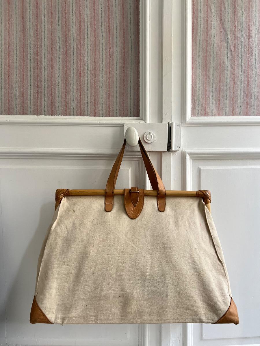 Grand cabas toile, cuir, bambou 1970