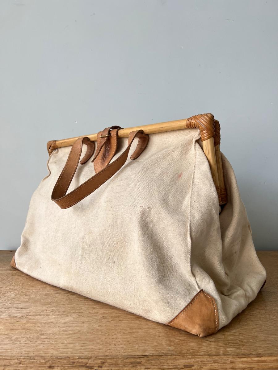 Grand cabas toile, cuir, bambou 1970