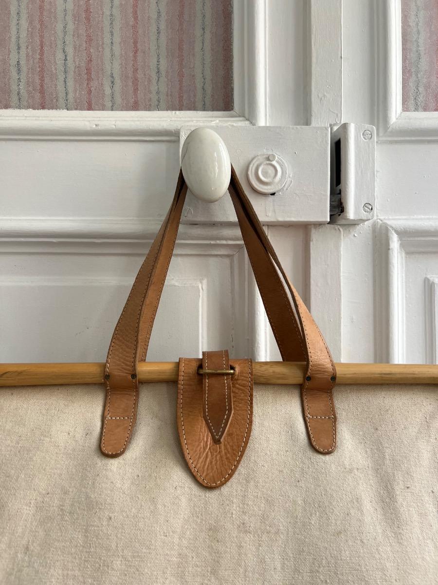 Grand cabas toile, cuir, bambou 1970