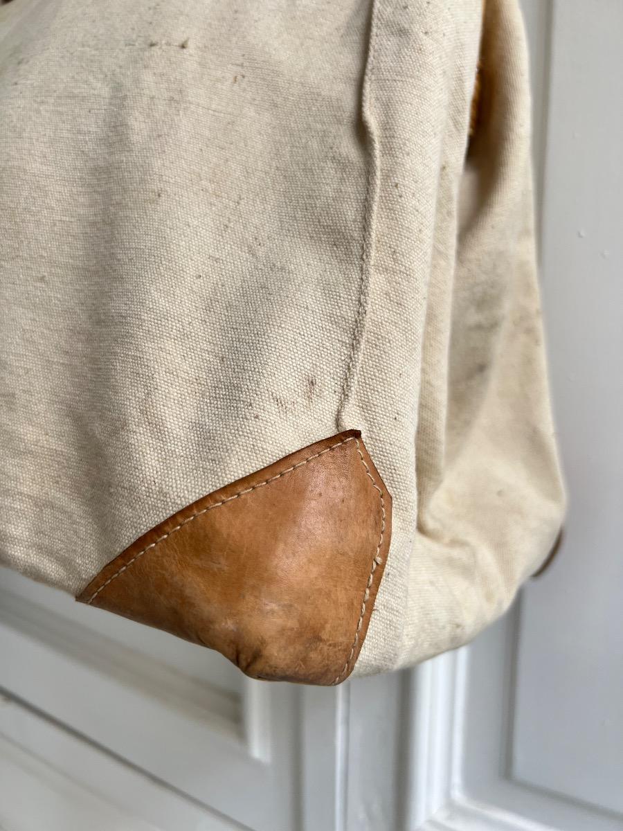 Grand cabas toile, cuir, bambou 1970