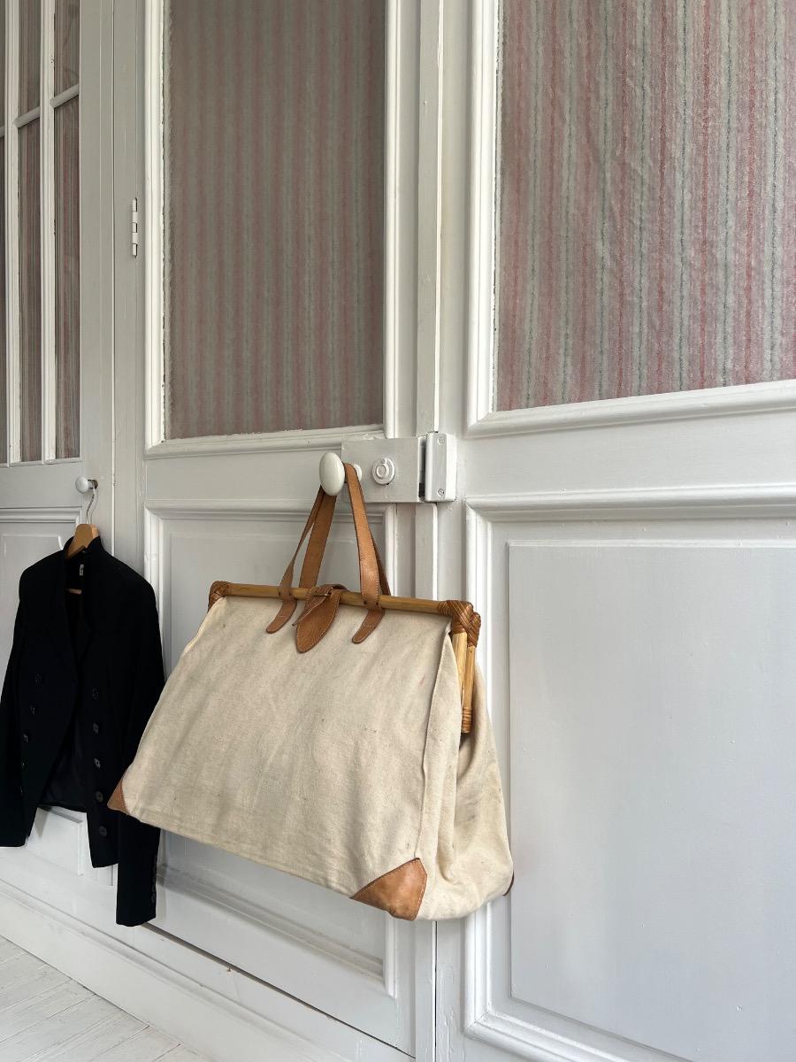 Grand cabas toile, cuir, bambou 1970
