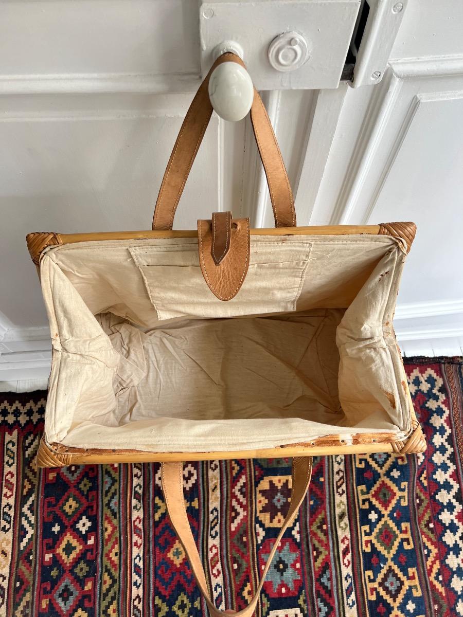 Grand cabas toile, cuir, bambou 1970