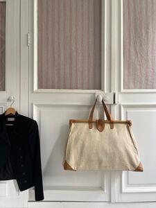Grand cabas toile, cuir, bambou 1970