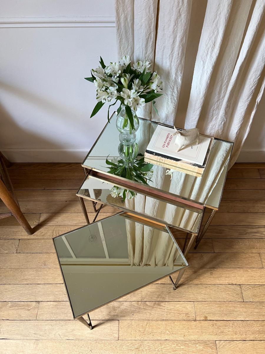 3 tables gigognes laiton miroir 1950