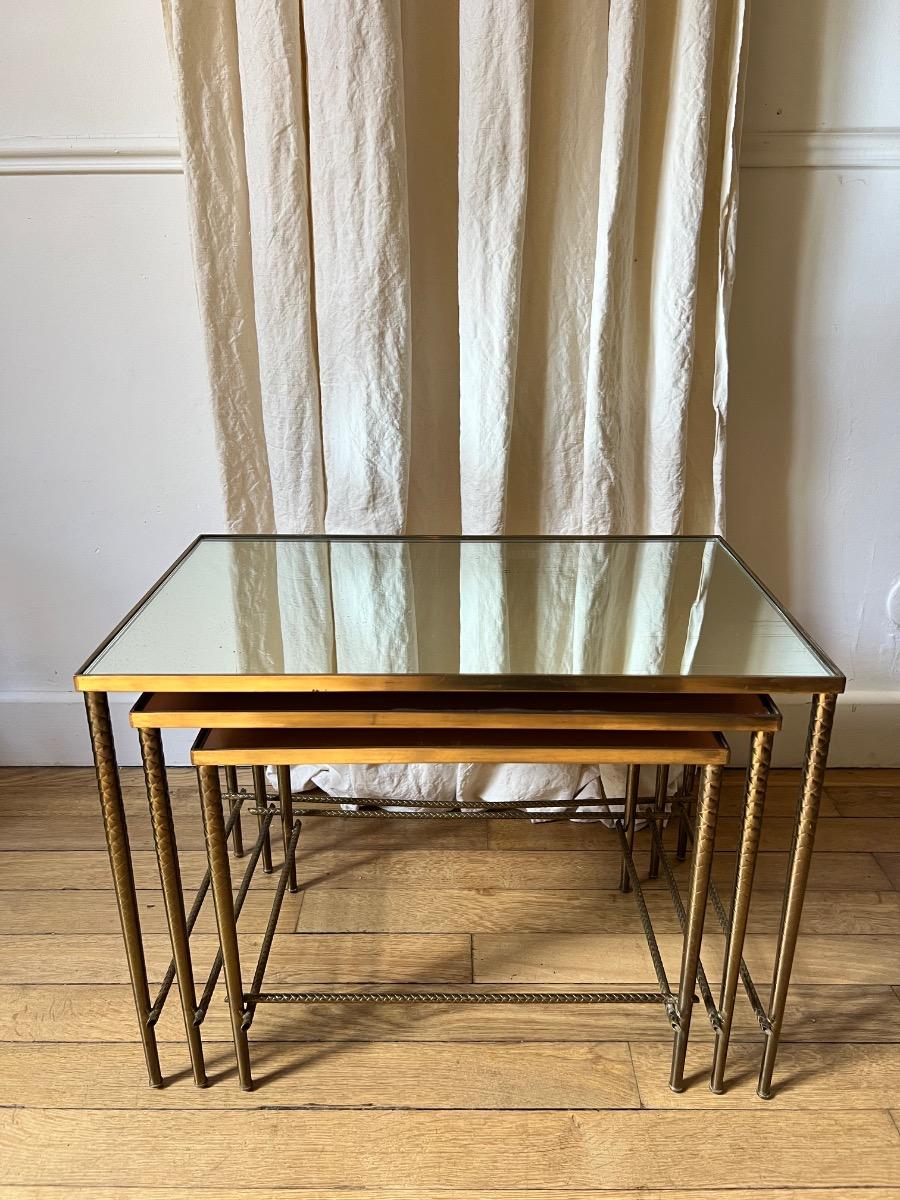 3 tables gigognes laiton miroir 1950