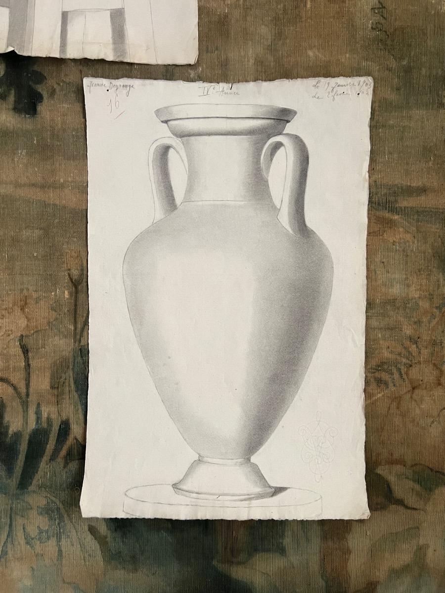 2 dessins, mine de plomb, études 1900