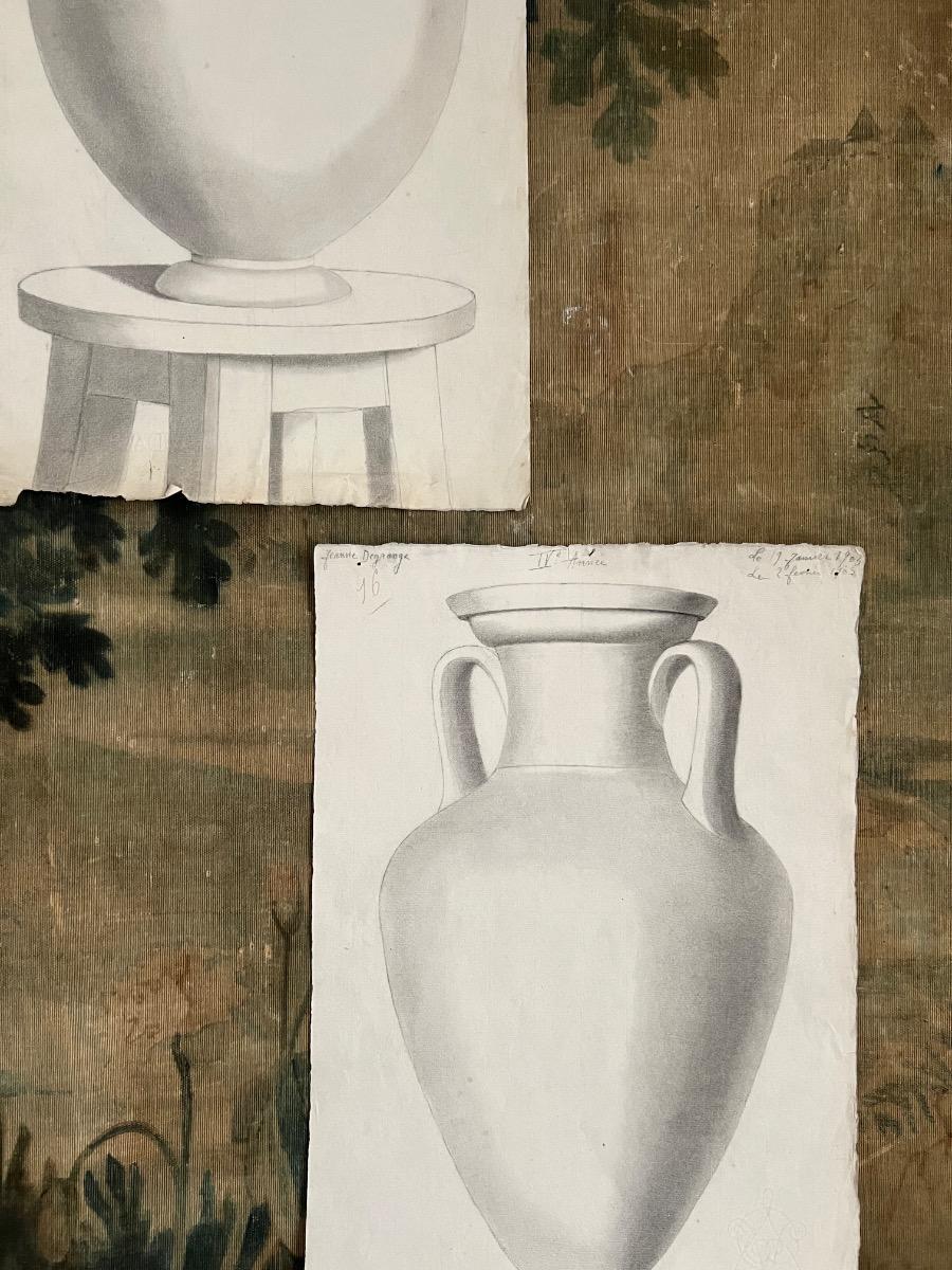 2 dessins, mine de plomb, études 1900