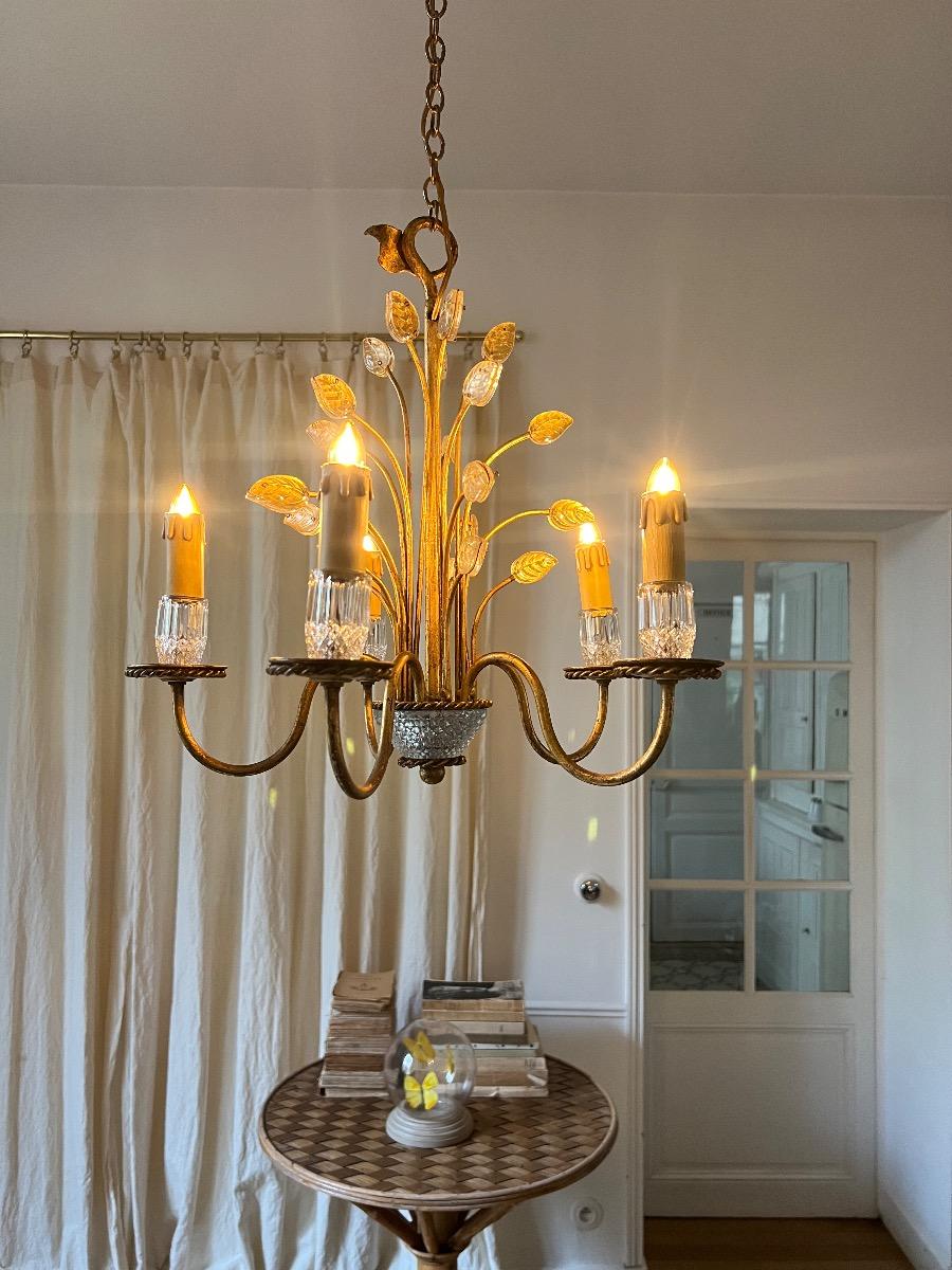 Lustre métal doré, verre Banci Firenze 1960