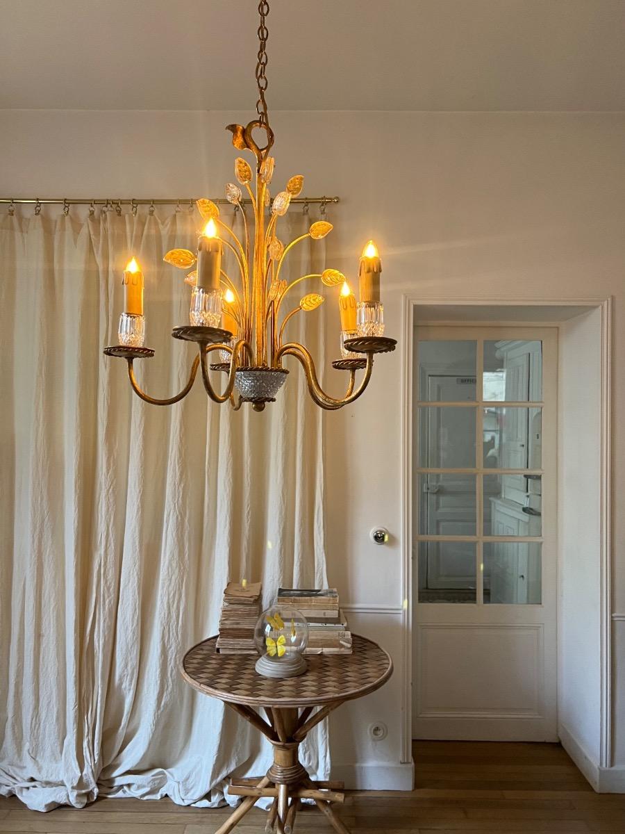 Lustre métal doré, verre Banci Firenze 1960