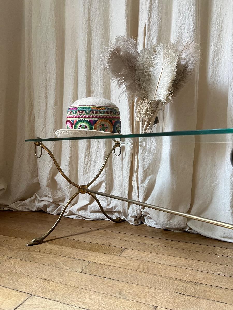 Table basse bronze laiton verre 1960