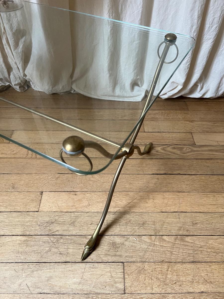 Table basse bronze laiton verre 1960