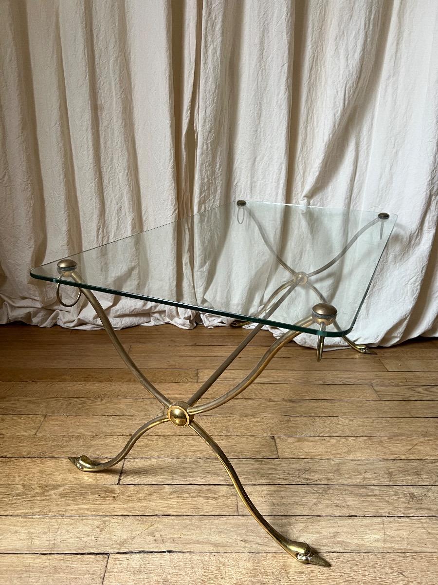 Table basse bronze laiton verre 1960