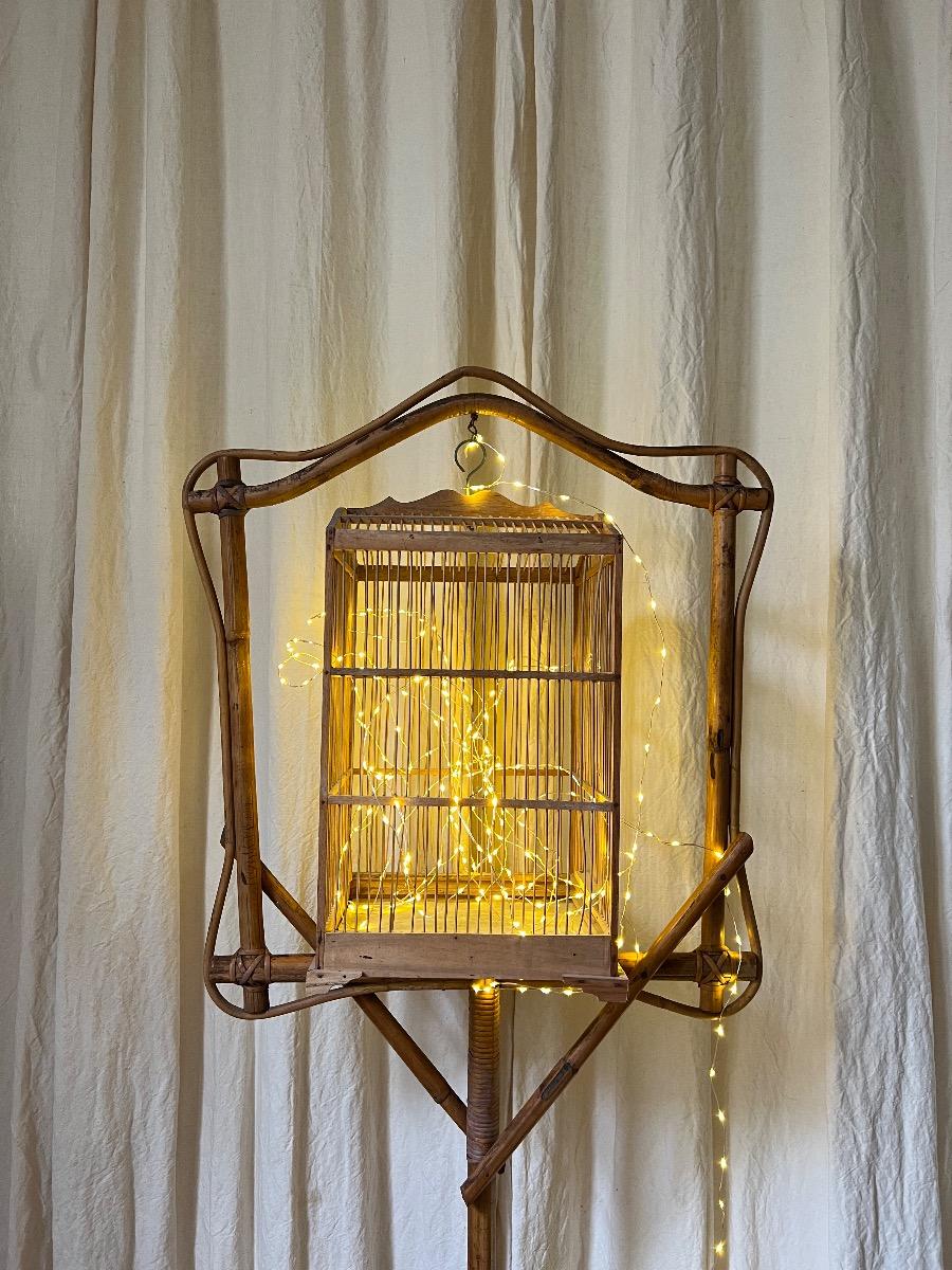 Cage à oiseaux suspendue bambou 1950