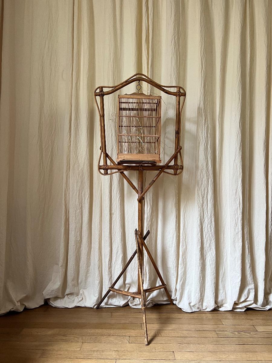 Cage à oiseaux suspendue bambou 1950