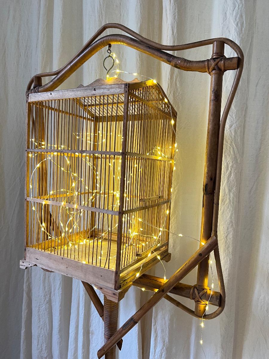 Cage à oiseaux suspendue bambou 1950