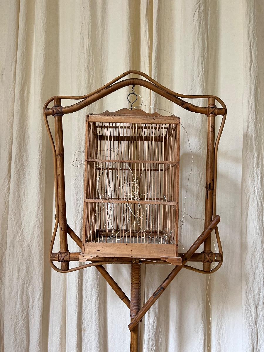 Cage à oiseaux suspendue bambou 1950