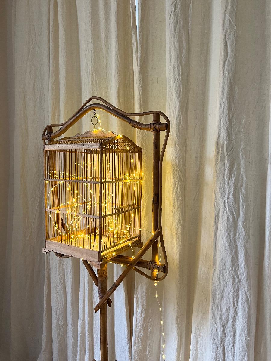 Cage à oiseaux suspendue bambou 1950