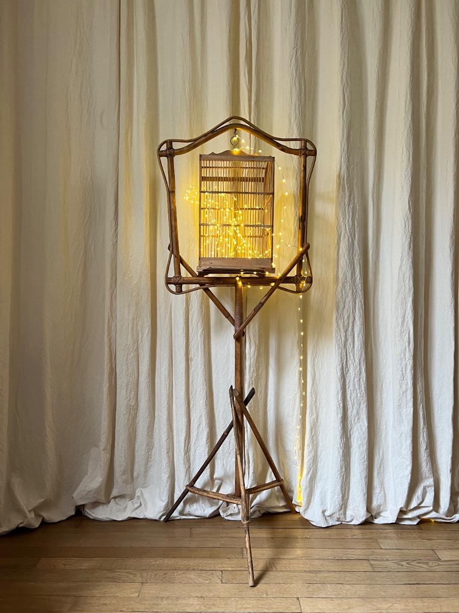 Cage à oiseaux suspendue bambou 1950