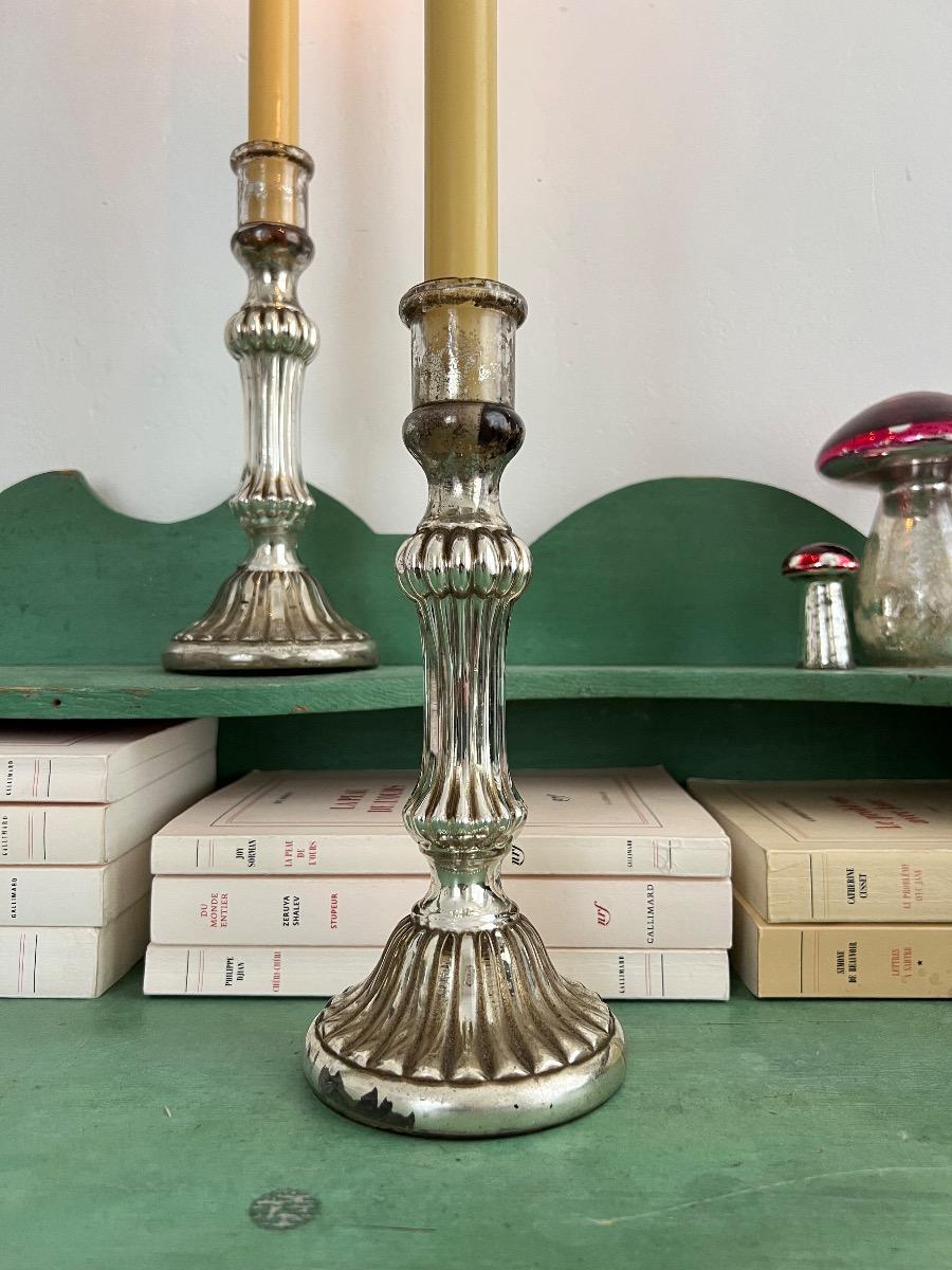 Paire de bougeoirs XIXème verre mercure