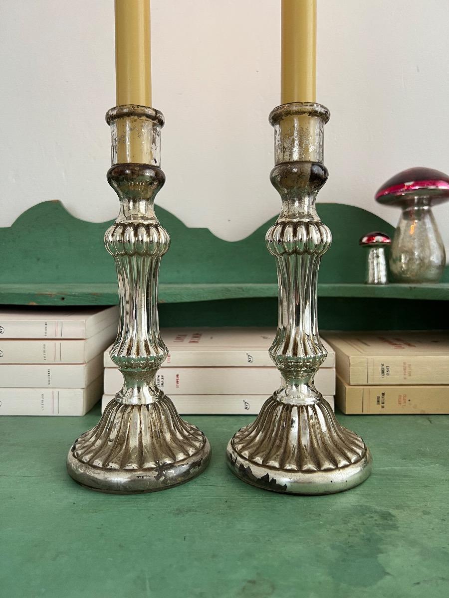 Paire de bougeoirs XIXème verre mercure