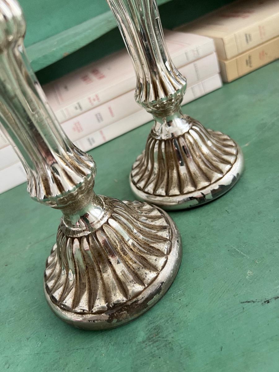 Paire de bougeoirs XIXème verre mercure