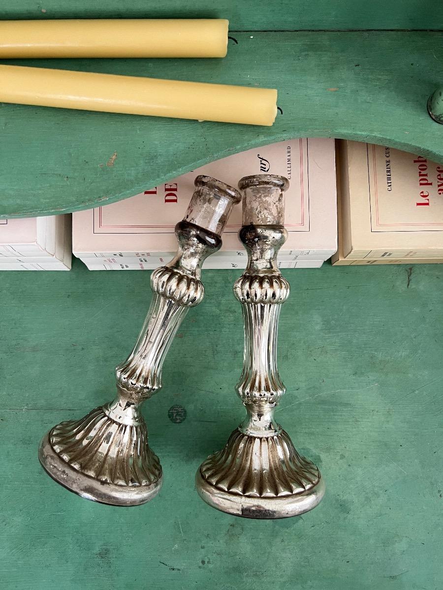 Paire de bougeoirs XIXème verre mercure