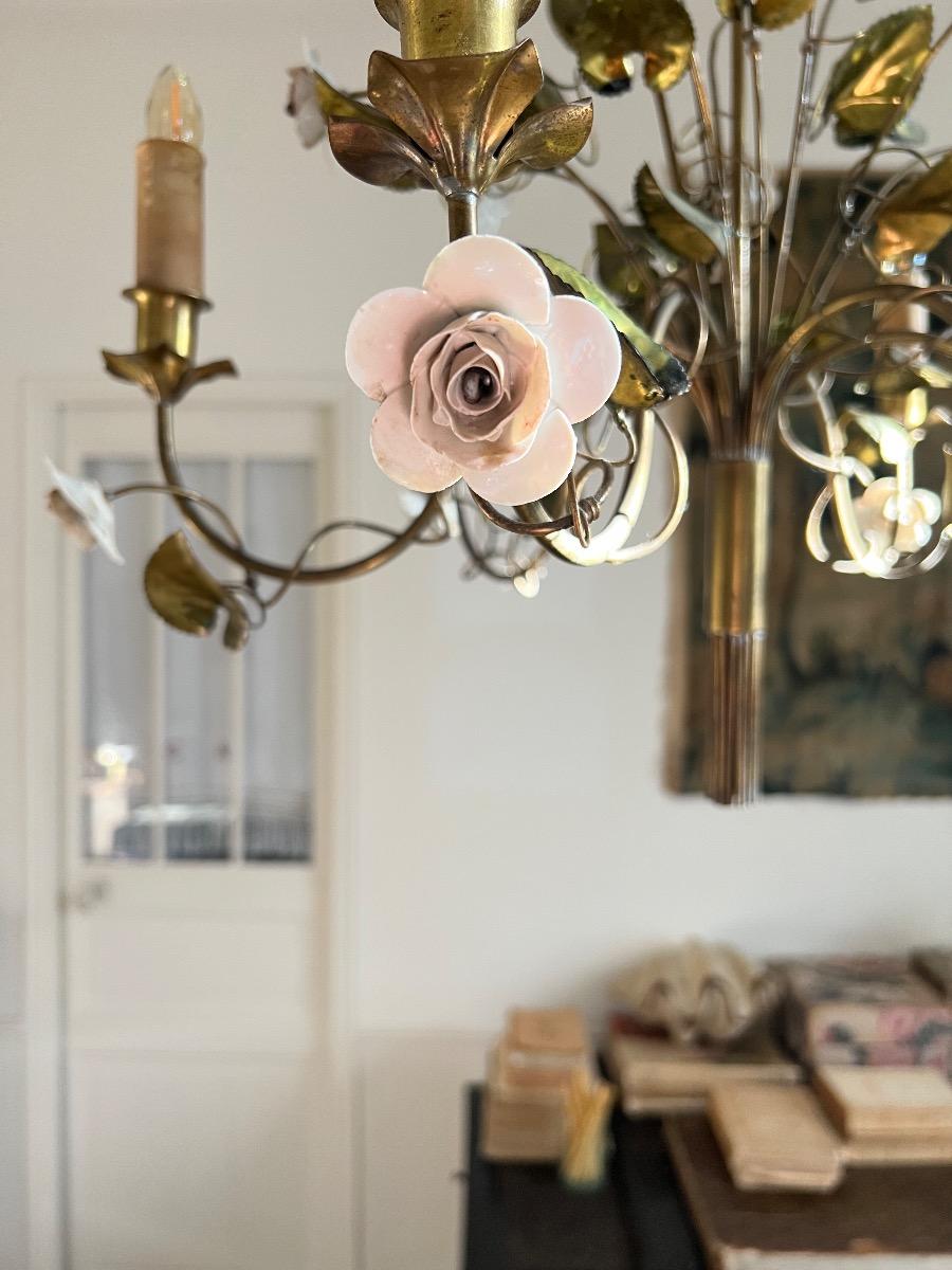 Lustre métal doré et porcelaine 1950