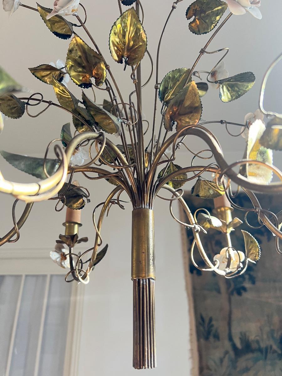 Lustre métal doré et porcelaine 1950