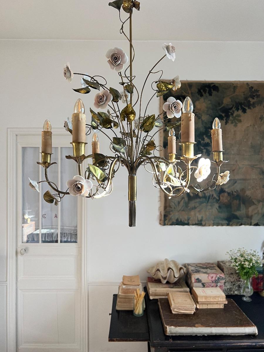 Lustre métal doré et porcelaine 1950