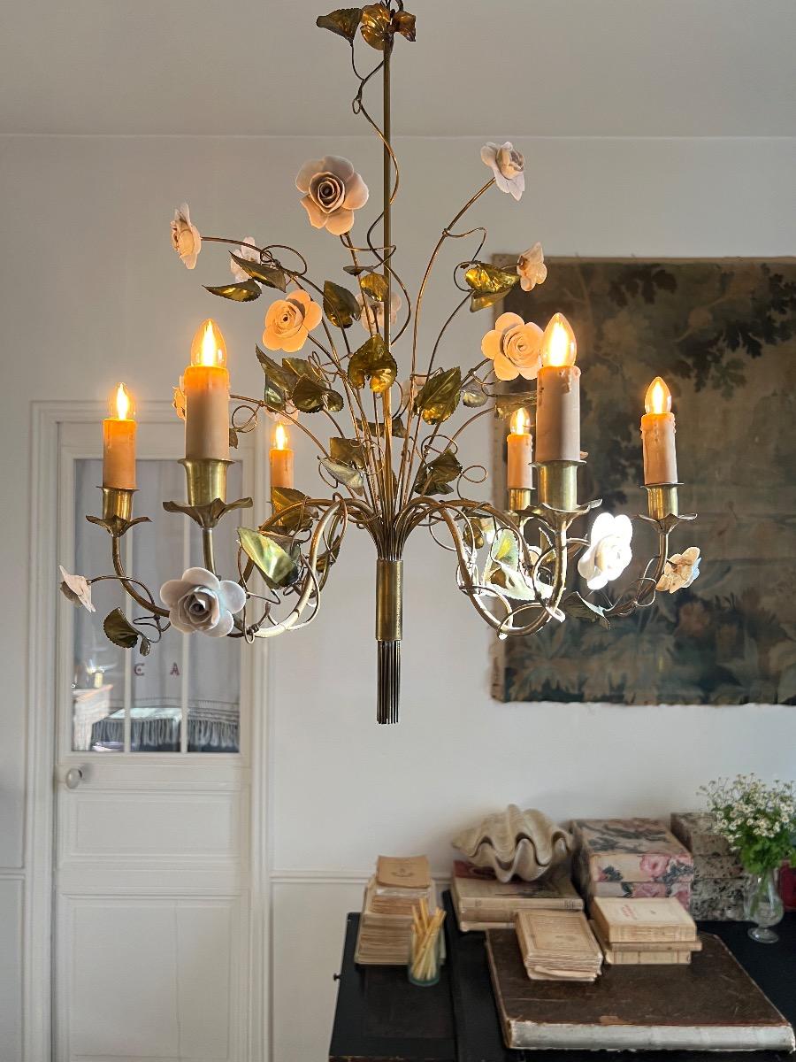 Lustre métal doré et porcelaine 1950