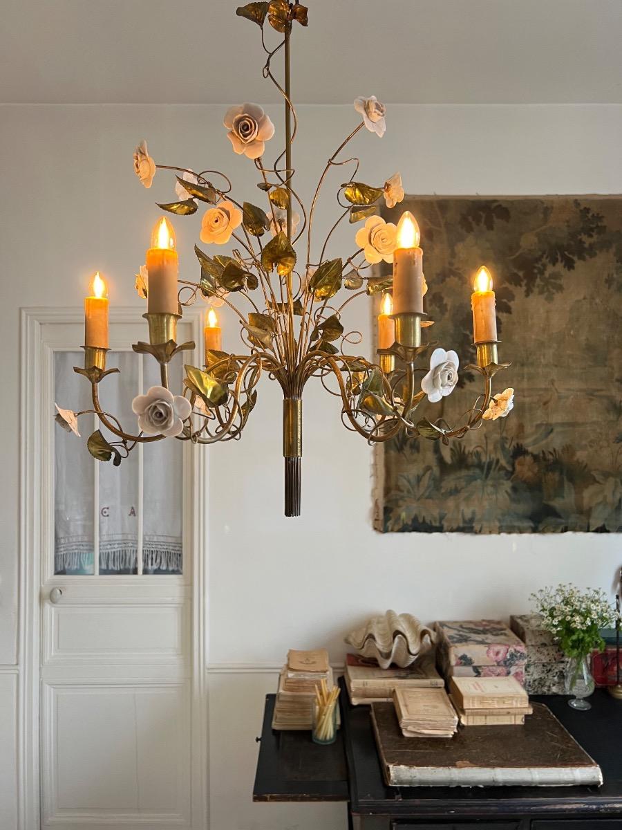 Lustre métal doré et porcelaine 1950