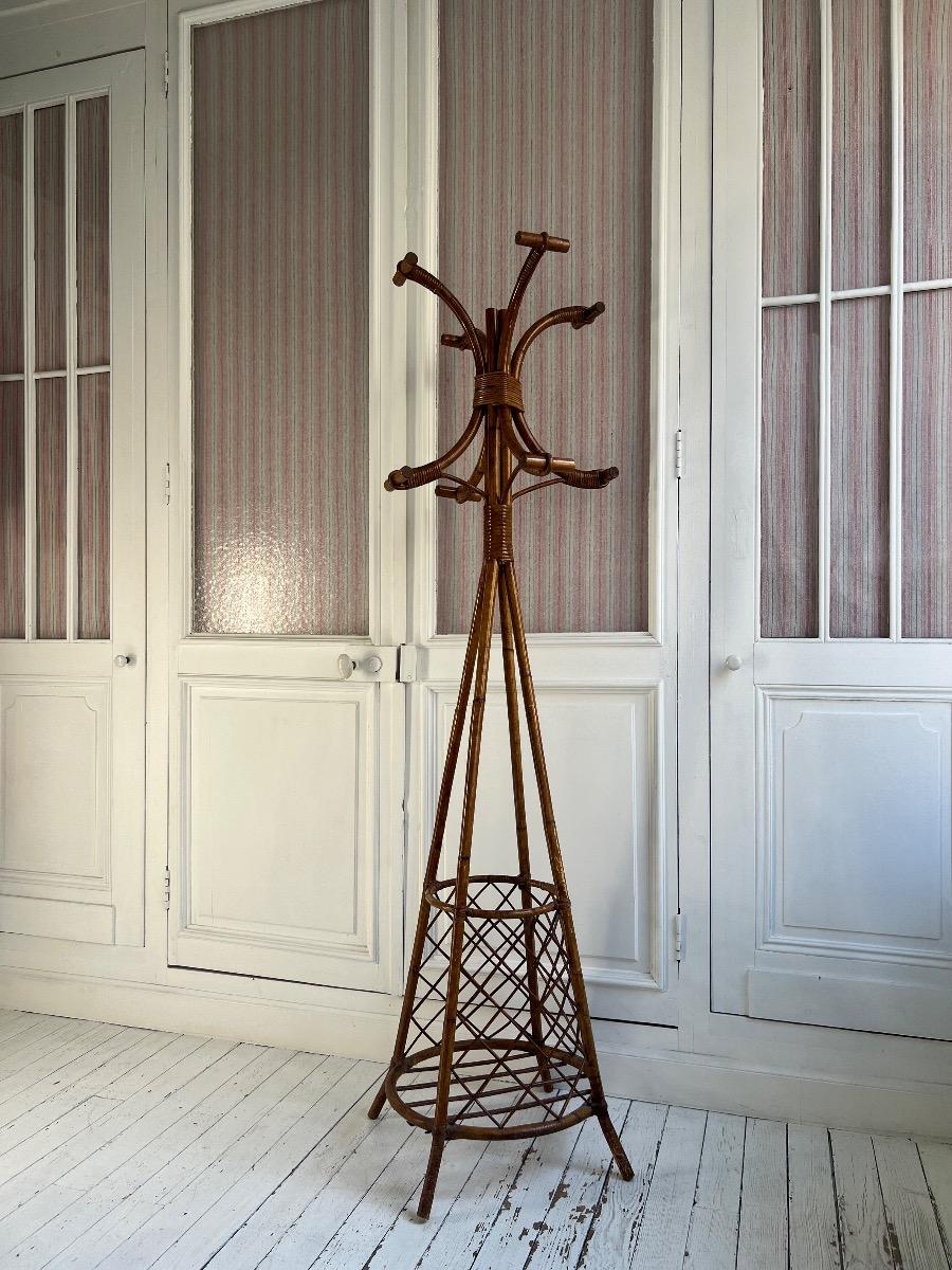 Porte-manteau / chapeau bambou rotin 1960