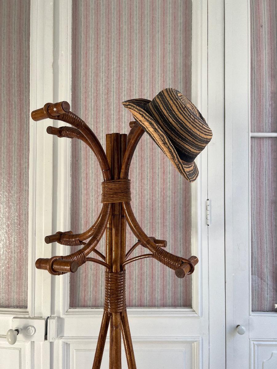 Porte-manteau / chapeau bambou rotin 1960
