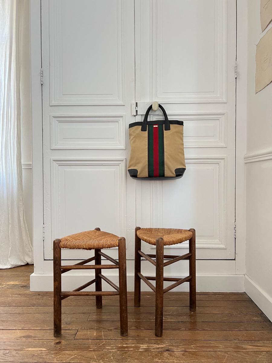 Paire de tabourets assises paillées 1960