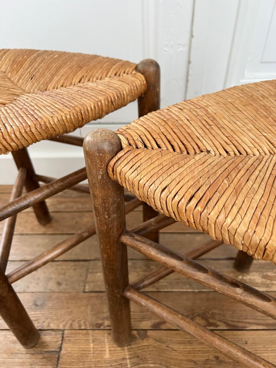 Paire de tabourets assises paillées 1960