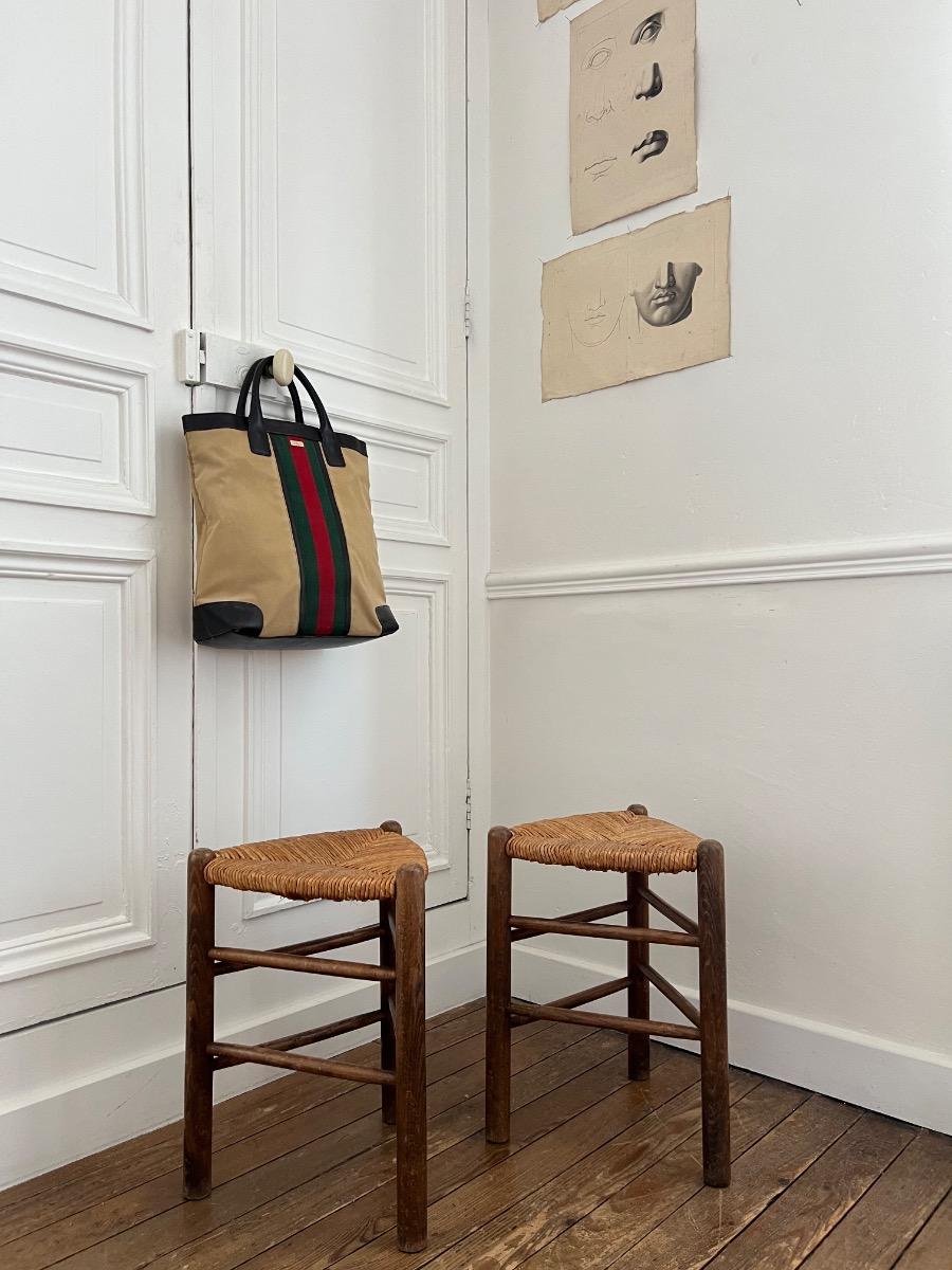 Paire de tabourets assises paillées 1960