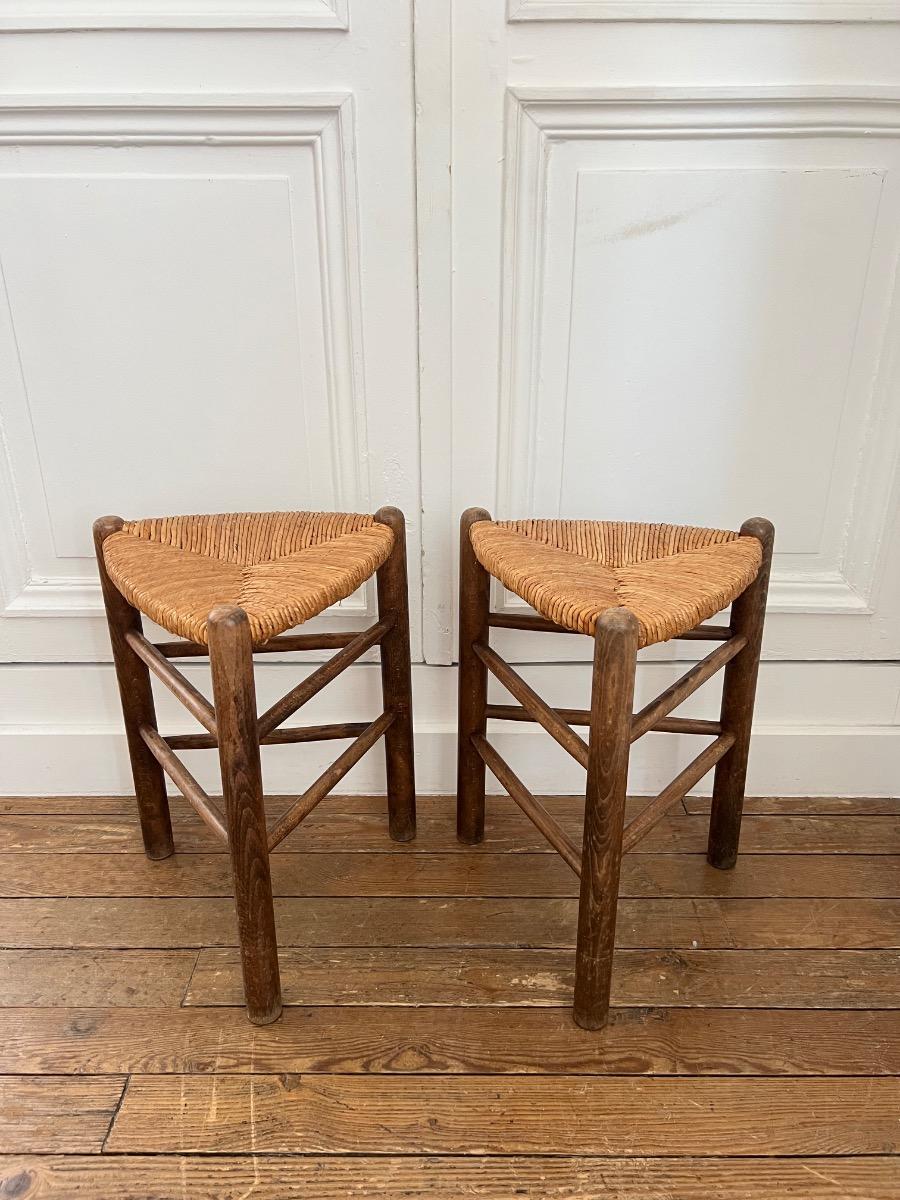 Paire de tabourets assises paillées 1960