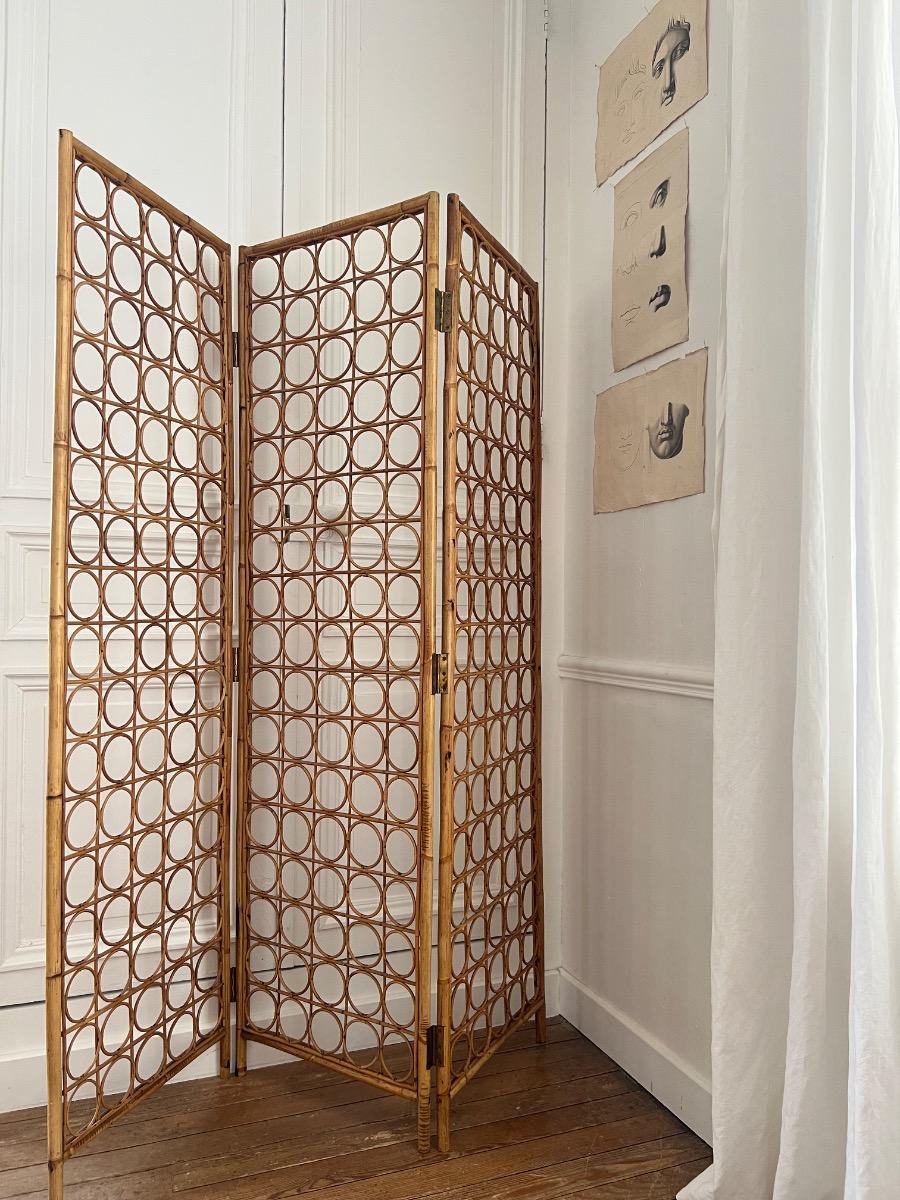 Paravent 3 feuilles rotin 1950