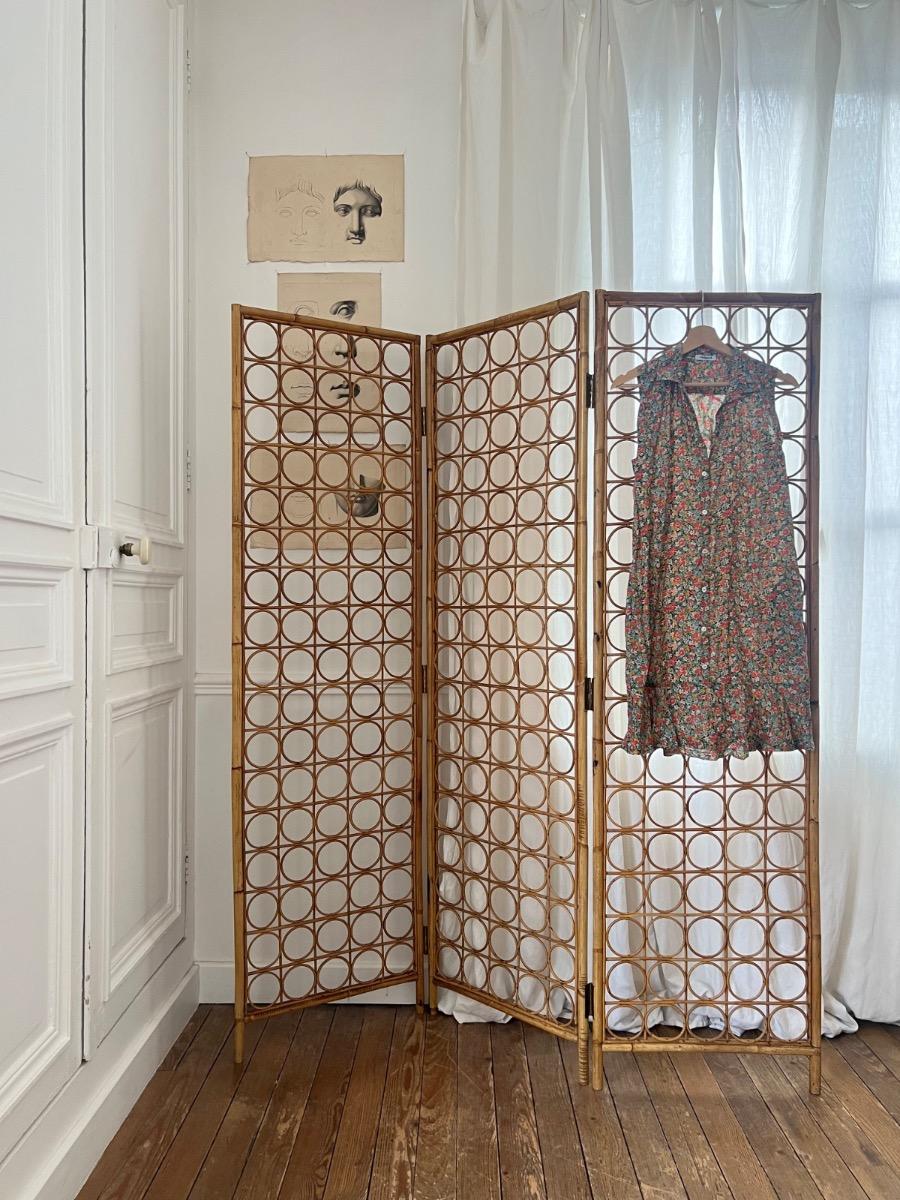 Paravent 3 feuilles rotin 1950