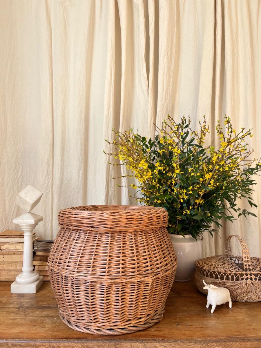 Large corbeille couverte osier 1960