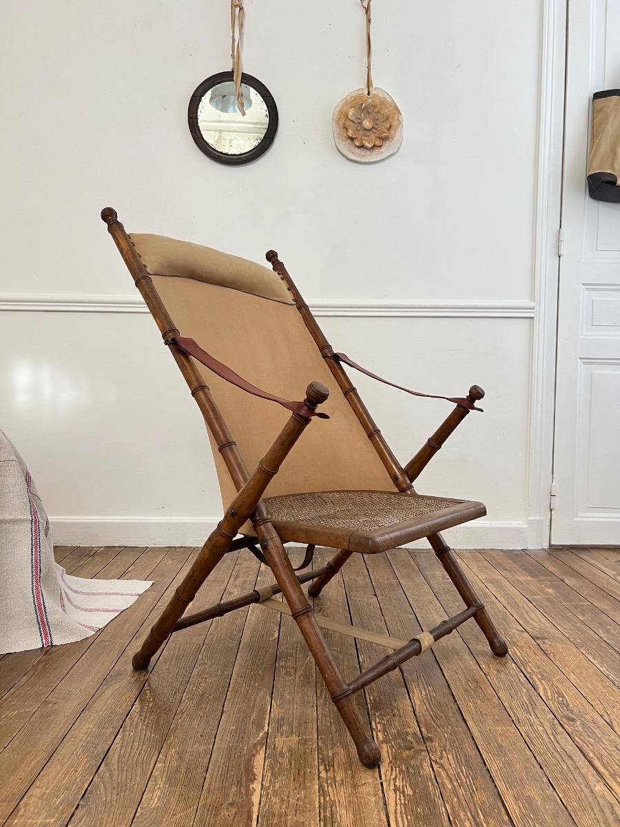 Fauteuil d’officier pliant cannage cuir 1920