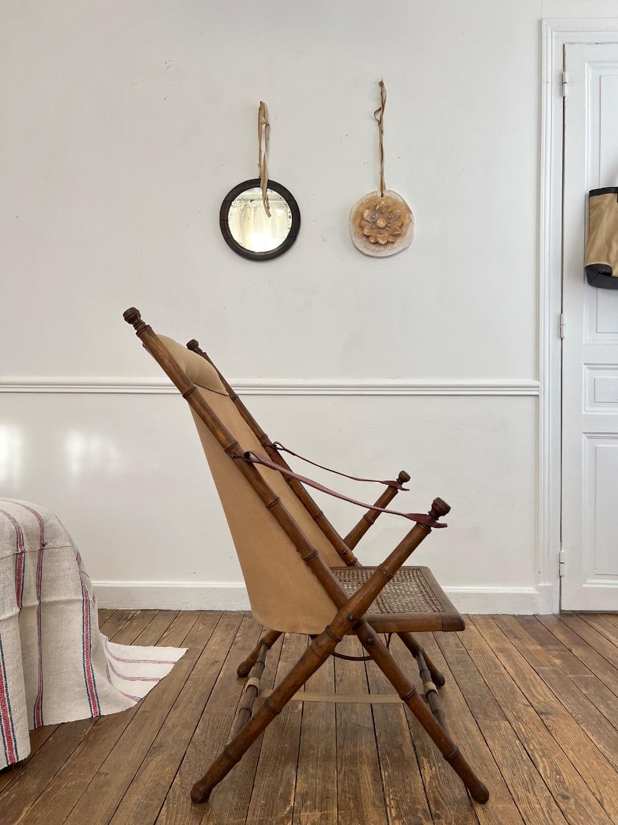 Fauteuil d’officier pliant cannage cuir 1920