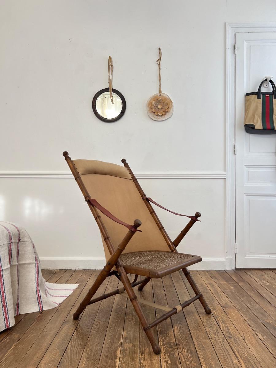 Fauteuil d’officier pliant cannage cuir 1920